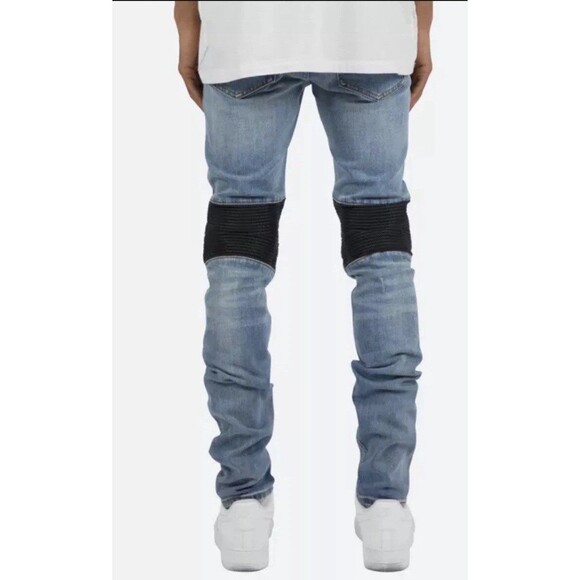 MNML Men’s Moto Biker Distressed Leather Knee Skinny Jeans Size 29x33 - Picture 2 of 15